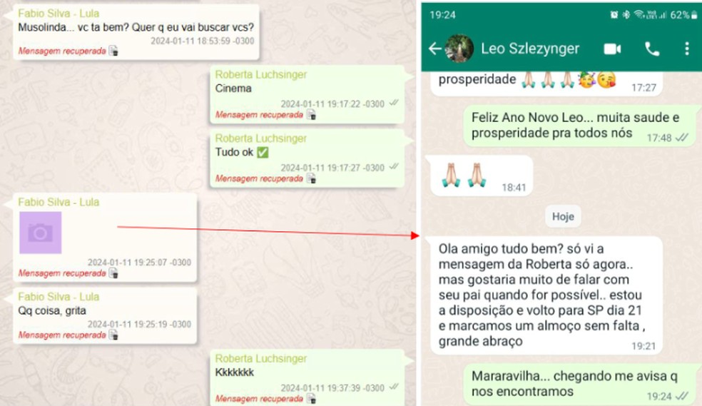 Lulinha avisa Roberta Luchsinger que Leo Slezynger voltou a procurá-lo para pedir reunião com presidente Lula e envia print da conversa — Foto: Reprodução