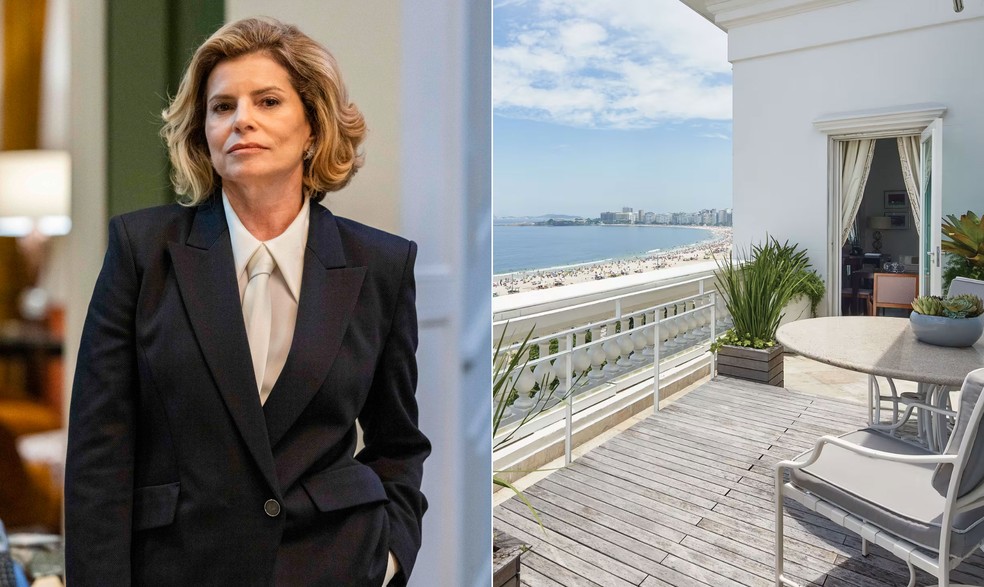 Odete Roitman (Debora Bloch) se hospeda no Copacabana Palace — Foto: Fábio Rocha/TV Globo e Copacabana Palace/Divulgação