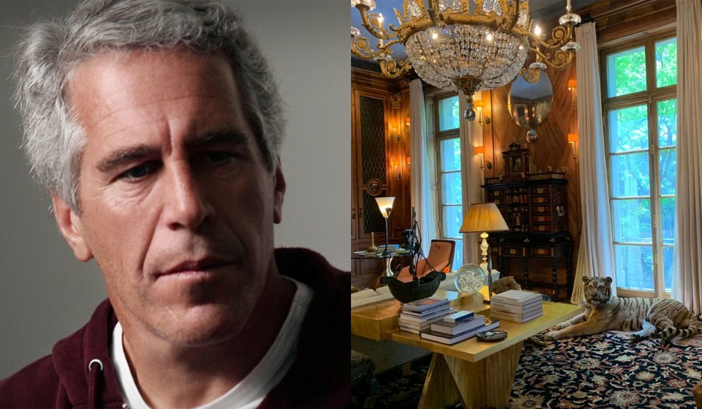 Montagem com Jeffrey Epstein e escritório em sua mansão — Foto: Reprodução/Netflix/New York Times