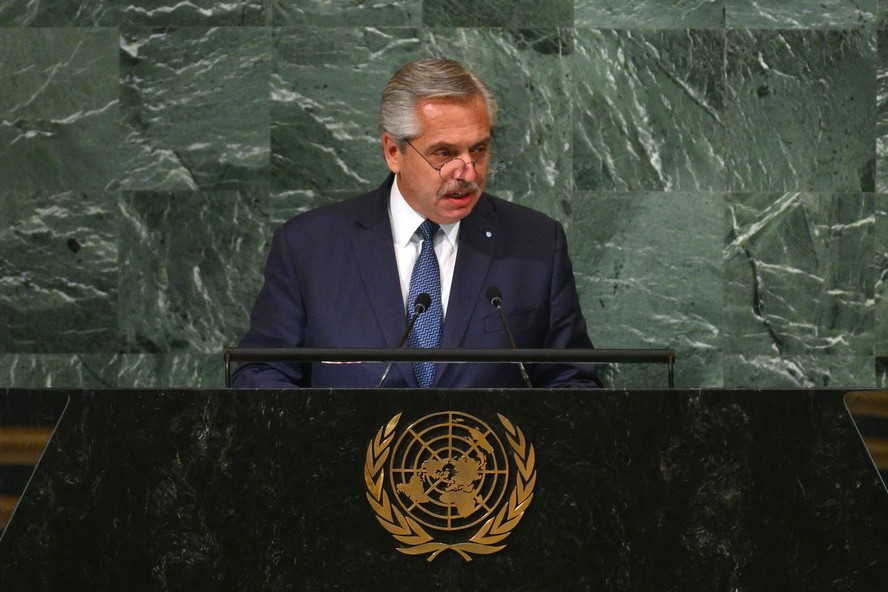 O presidente argentino, Alberto Fernández, em discurso na ONU