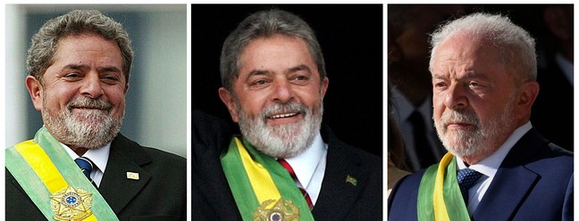 Lula com a mesma faixa nas três ocasiões em que foi empossado presidente — Foto: AFP