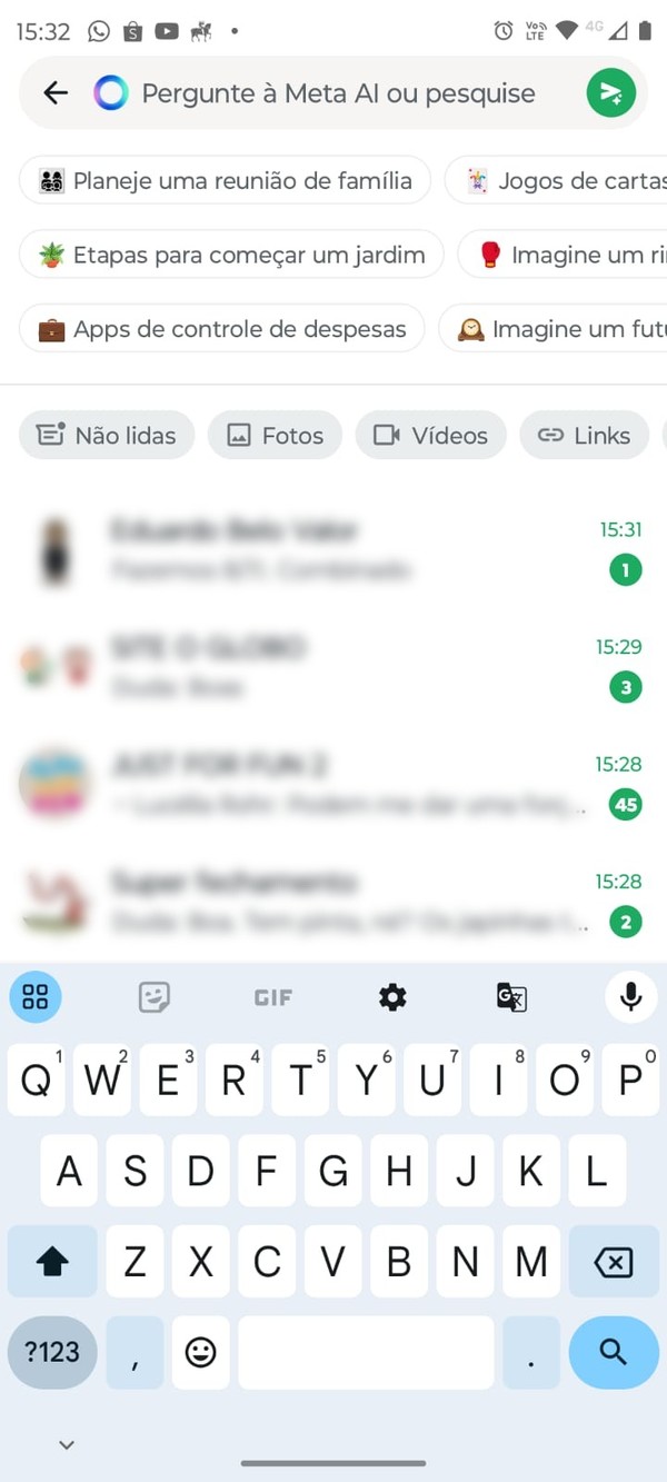 Print da tela. Meta AI permite pesquisar informações pela barra de pesquisa do app — Foto: Reprodução/ Montagem