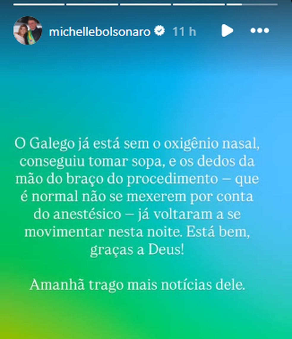 Michelle atualiza estado de sa&uacute;de de Bolsonaro ap&oacute;s cirurgia: 'Conseguiu tomar sopa' &mdash; Foto: Reprodu&ccedil;&atilde;o/Instagram