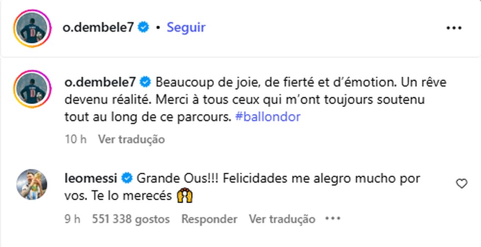 Messi parabeniza Dembélé pela conquista da Bola de Ouro — Foto: Reprodução