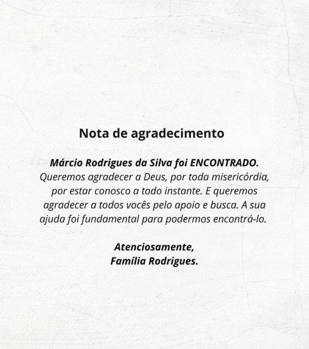 Brasileiro foi localizado após 13 dias desaparecido — Foto: Reprodução