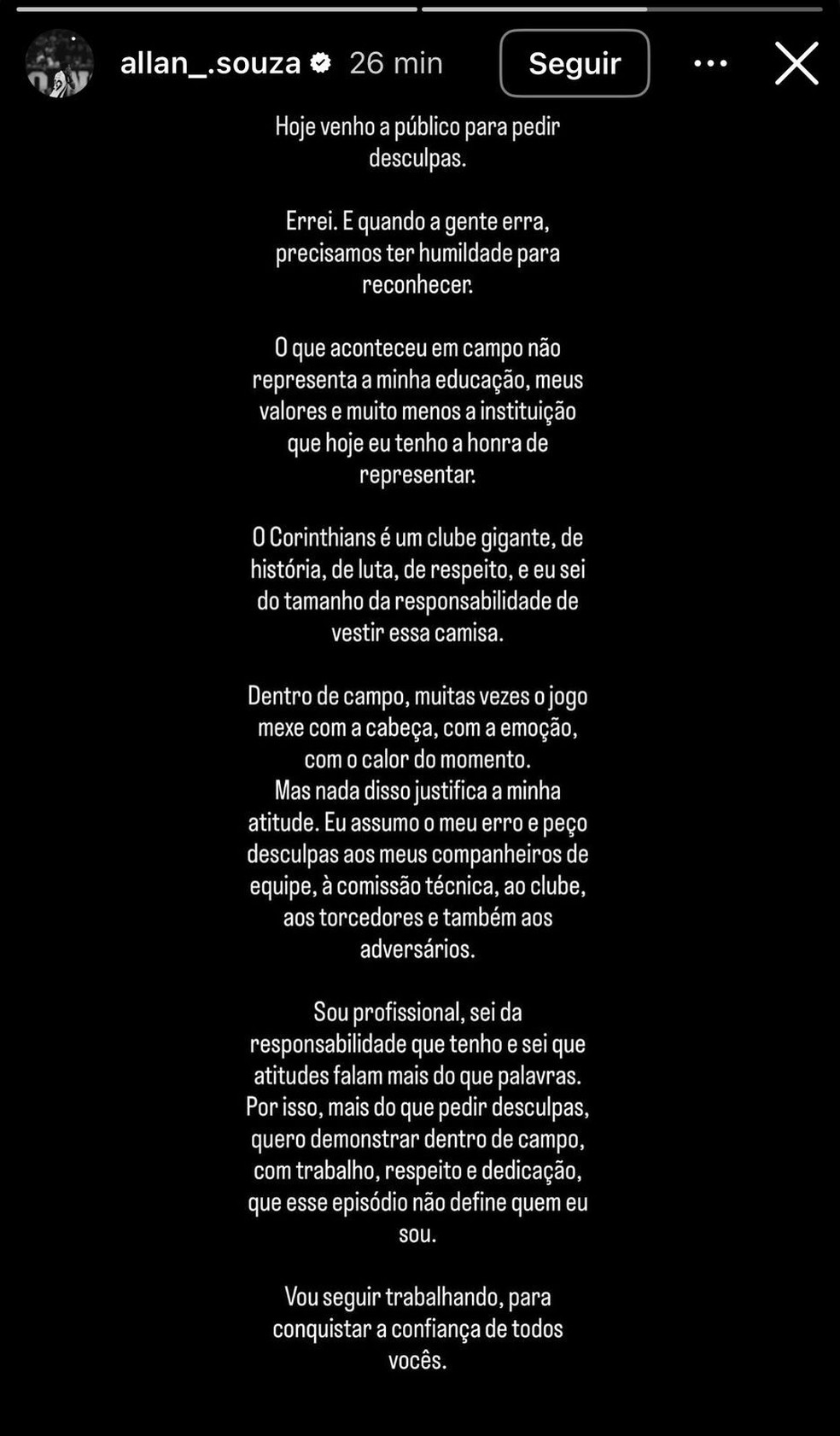 Allan pede desculpas nas redes sociais &mdash; Foto: Reprodu&ccedil;&atilde;o / Instagram