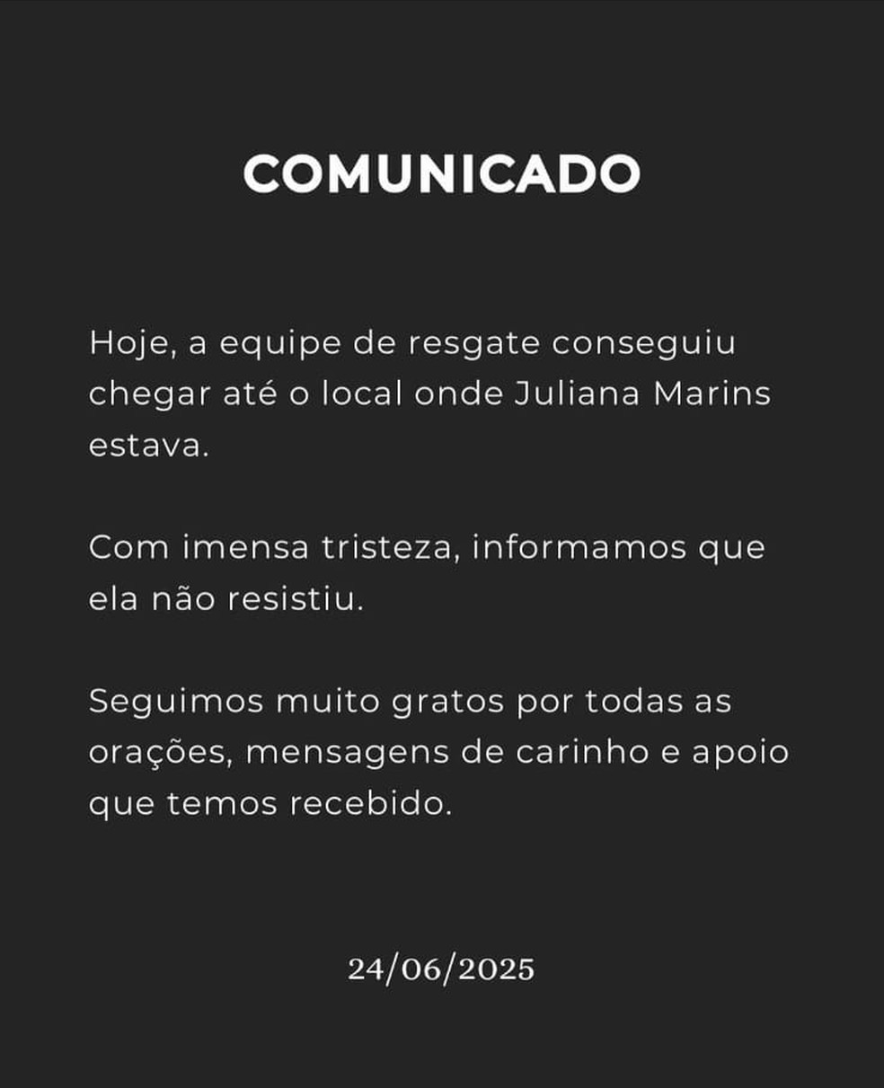 Comunicado da família — Foto: Reprodução