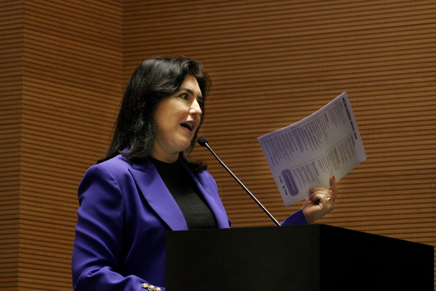 A ministra do Planejamento e Orçamento, Simone Tebet, participa do lançamento da Agenda Brasil 2034, organizado pelo Movimento Brasil Competitivo, no auditório da Fundação Getúlio Vargas 9 de Julho