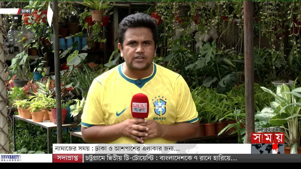 Jornalista de Bangladesh fala da partida entre Brasil e Haiti usando a camisa da seleção brasileira — Foto: Reprodução/X