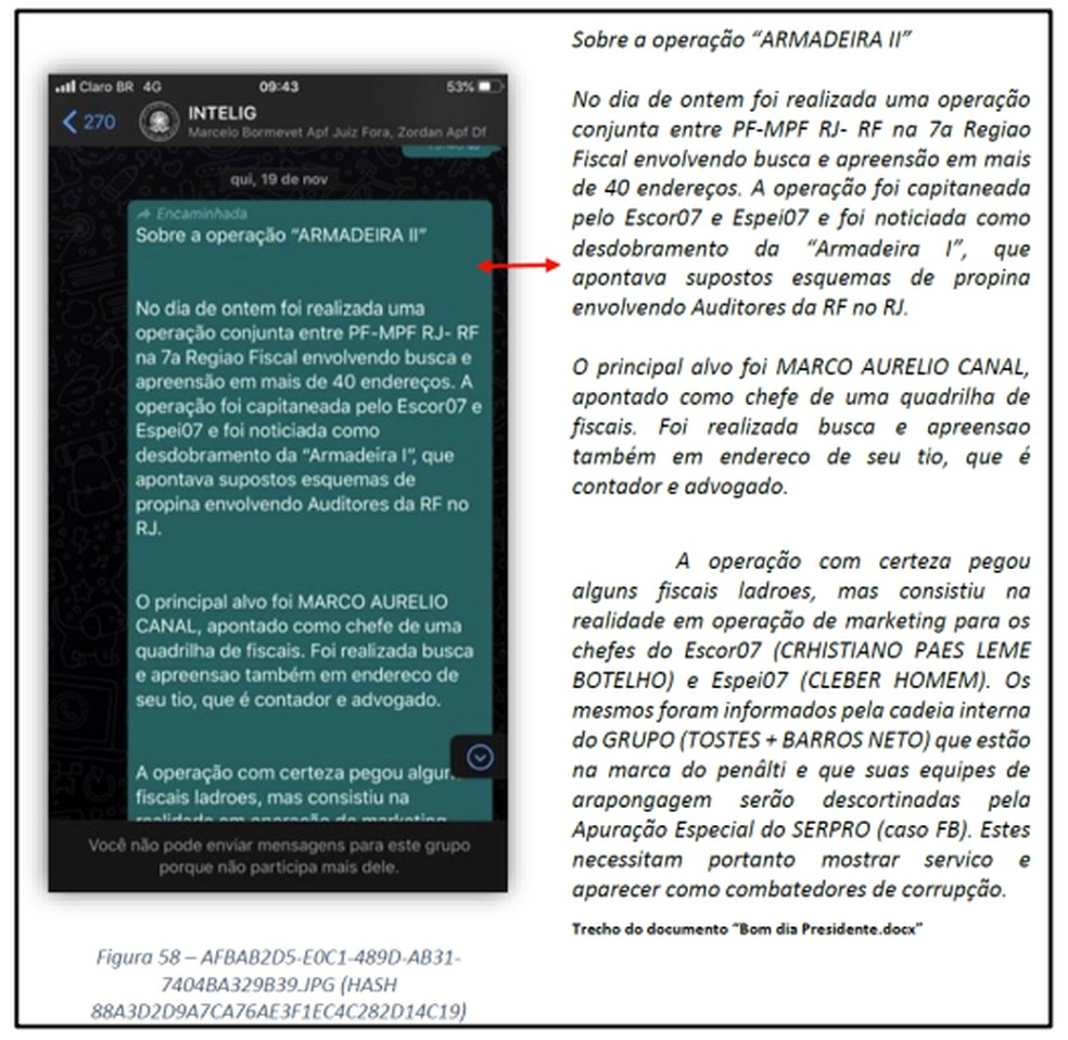 Anotações sobre a operação “Armadeira II” contidas em arquivo intitulado “Bom dia Presidente.docx”, repassadas em grupo de Whatsapp integrado por policiais federais assessores de Ramagem, segundo a PF — Foto: Reprodução