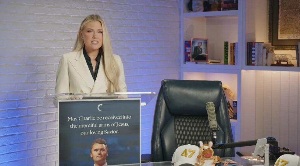 Erika Kirk, viúva do influenciador conservador Charlie Kirk, em sua primeira declaração após o assassinato — Foto: Reprodução/Turning Point USA