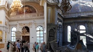 Antes e depois, interior da Catedral da Transfiguração — Foto: Imagem de Antes - Reprodução Youtube/ Imagem de depois - Gimanov / AFP