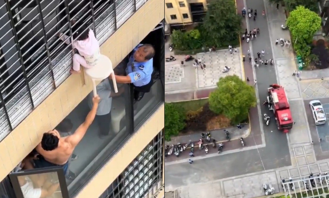 Menina de 3 anos fica pendurada em janela de 12º andar na China, e vizinhos improvisam método tenso para evitar queda; vídeo