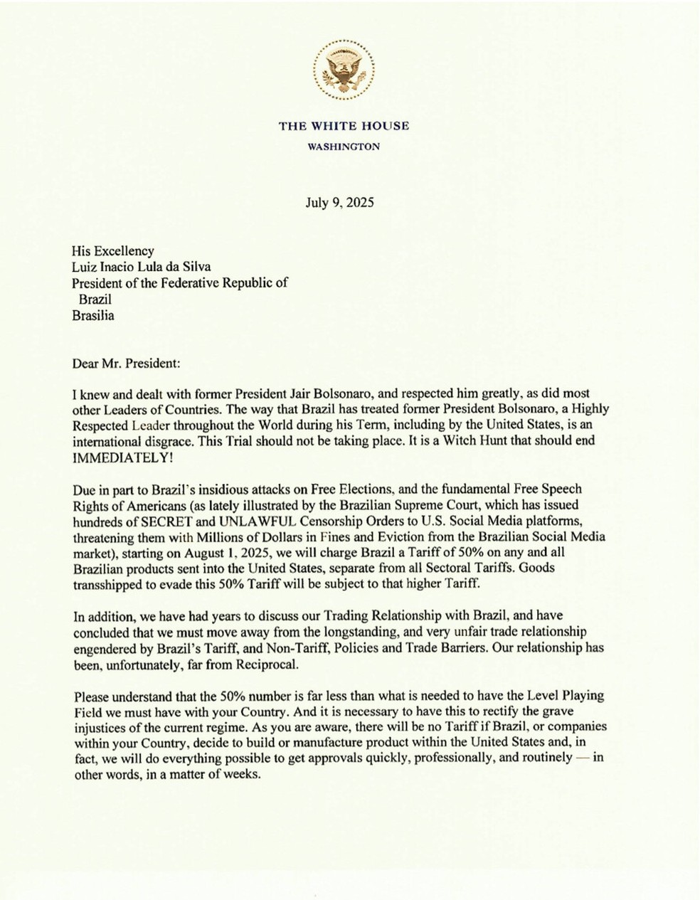 Carta de Trump para Lula informando tarifaço de 50% — Foto: Reprodução