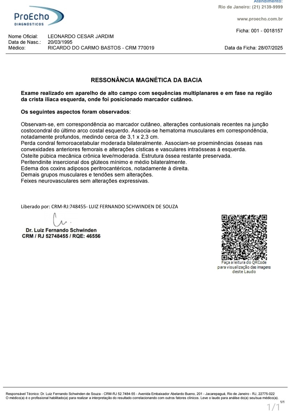 O resultado da ressonância de Léo Jardim — Foto: Divulgação/Vasco