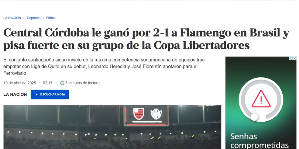 La Nacion repercute vitória do Central Córdoba sobre o Flamengo — Foto: Reprodução