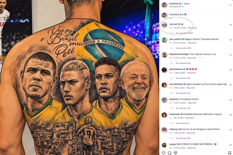 Neymar comenta publicação de Richarlison com emoji  de risada — Foto: Reprodução/Instagram