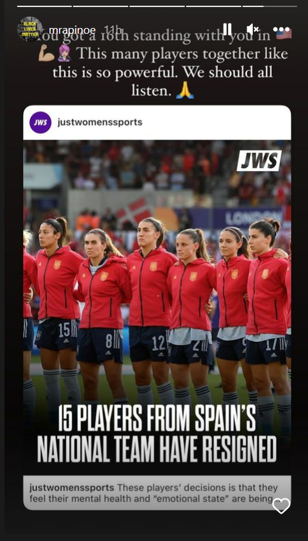 Megan Rapinoe faz coro às jogadoras espanholas que pedem demissão de técnico — Foto: Reprodução/Instagram