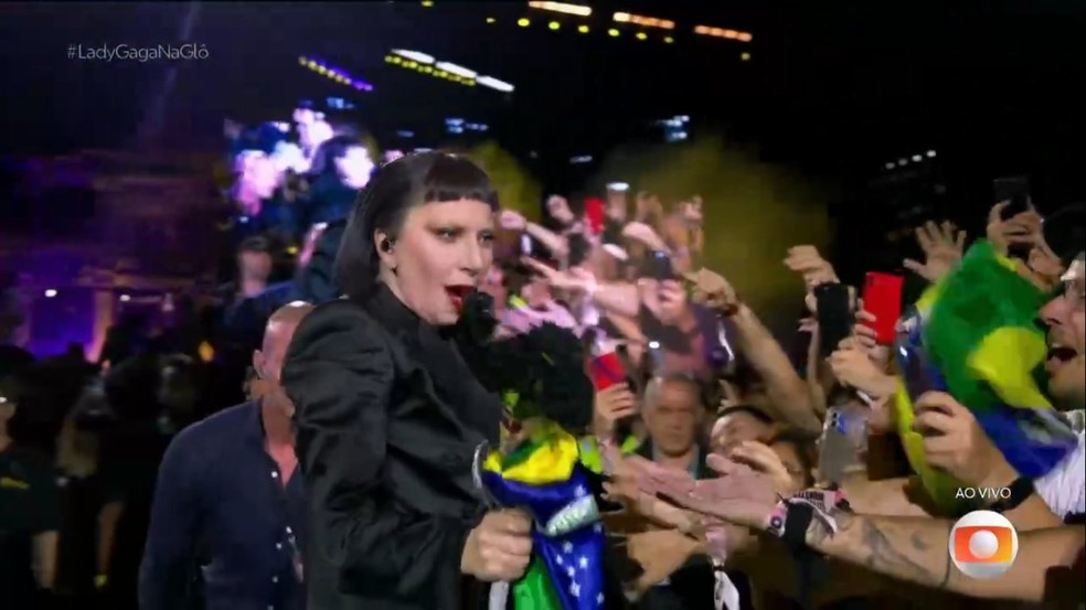 Lady Gaga com a bandeira brasileira dada por fãs — Foto: Reprodução