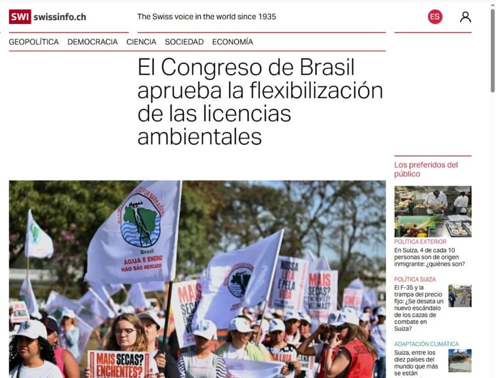 Jornal suíço repercute aprovação do licenciamento ambiental — Foto: Reprodução
