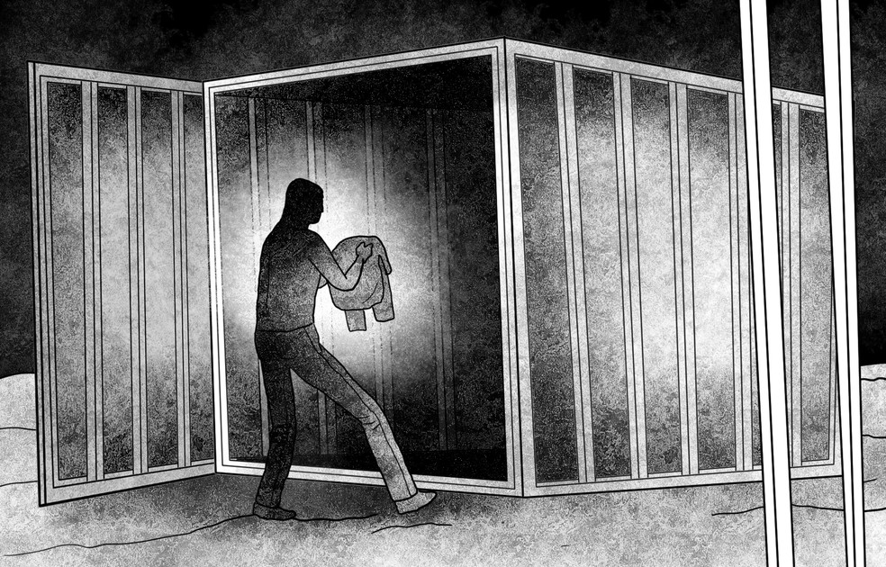 O autor do crime volta para uma obra ao lado da casa, onde vivia e trabalhava, retira as roupas sujas de sangue e as guarda em um contêiner — Foto: Editoria de Arte / O Globo