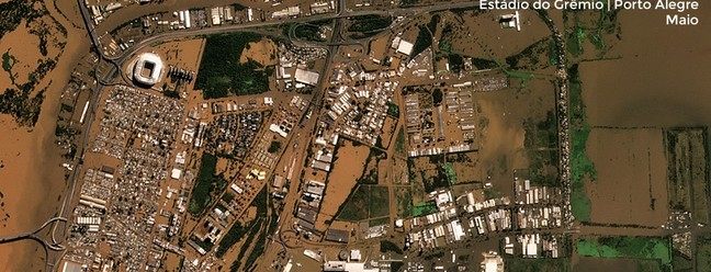 Porto Alegre e Estádio do Grêmio ficam inundados – Imagem: SCCON / PlanetScope