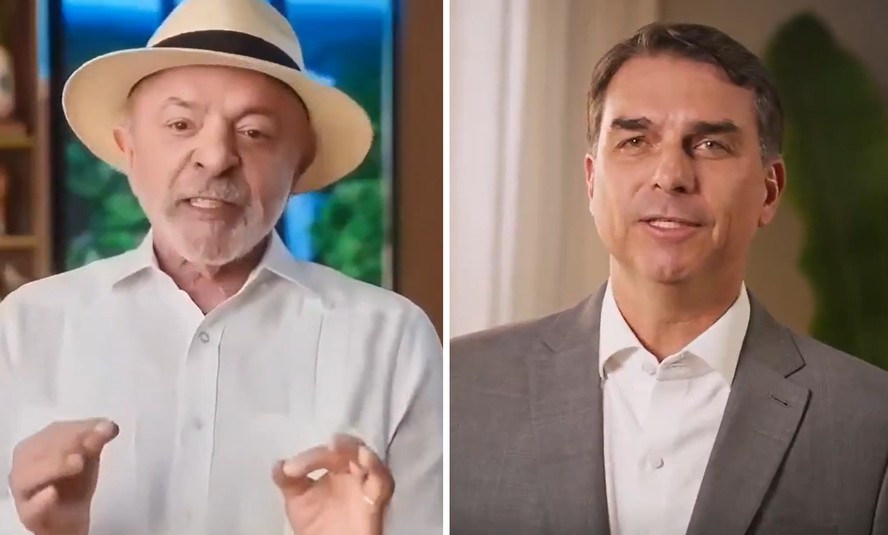 Lula e Flávio Bolsonaro estrearam neste sábado no horário eleitoral gratuito na televisão