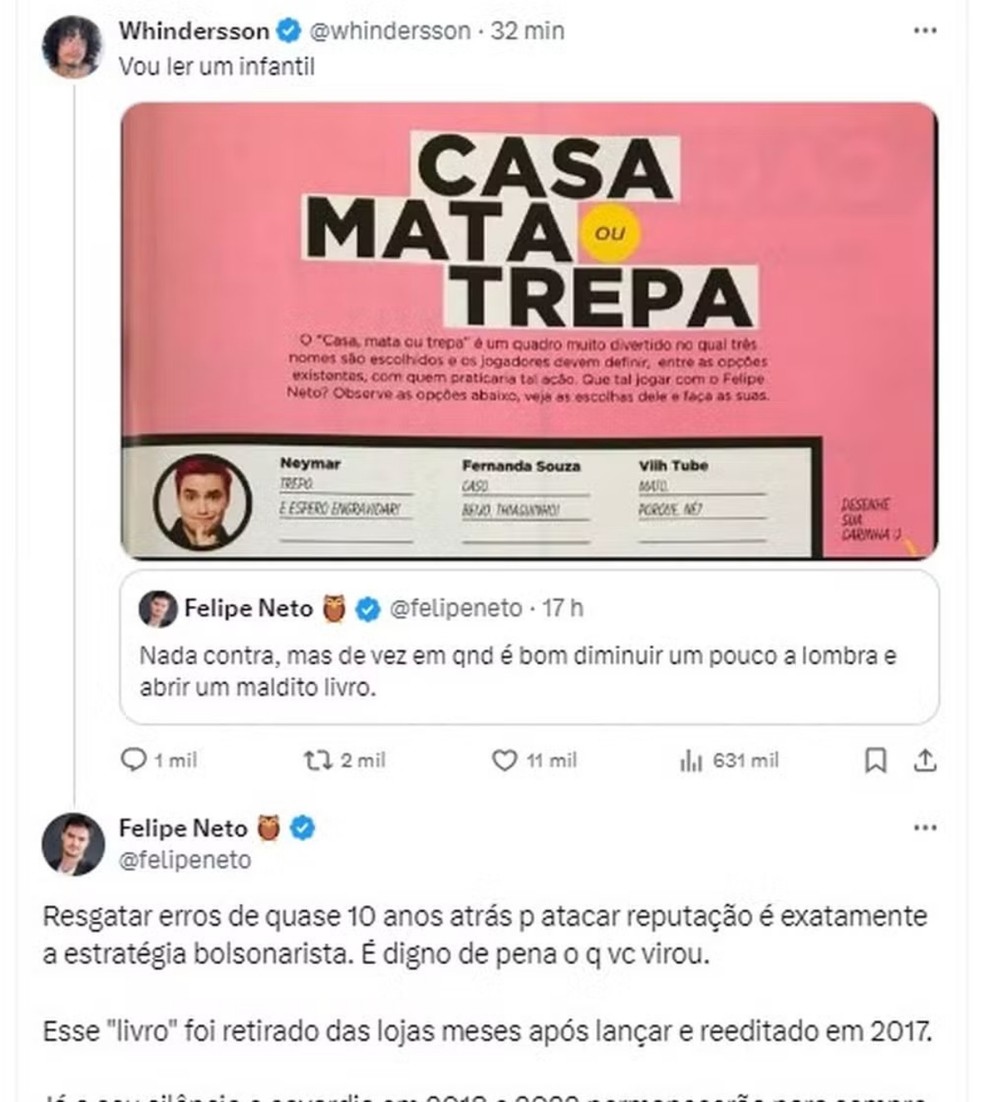 Whindersson Nunes e Felipe Neto trocaram ofensas na rede social  Foto: Reprodução Twitter