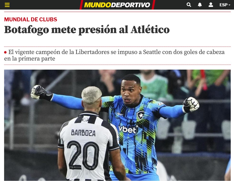 Jornal Mundo Deportivo, da Espanha, repercute vitória do Botafogo no Mundial — Foto: Reprodução