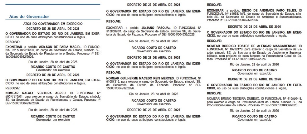 Exonerações e nomeações foram publicadas nesta quarta-feira — Foto: Reprodução