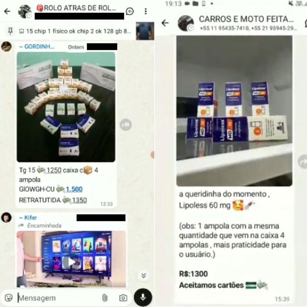 Criminosos anunciam remédios em grupos do crime; produtos são comumente utilizados para emagrecimento e dependem de prescrição médica — Foto: Reprodução
