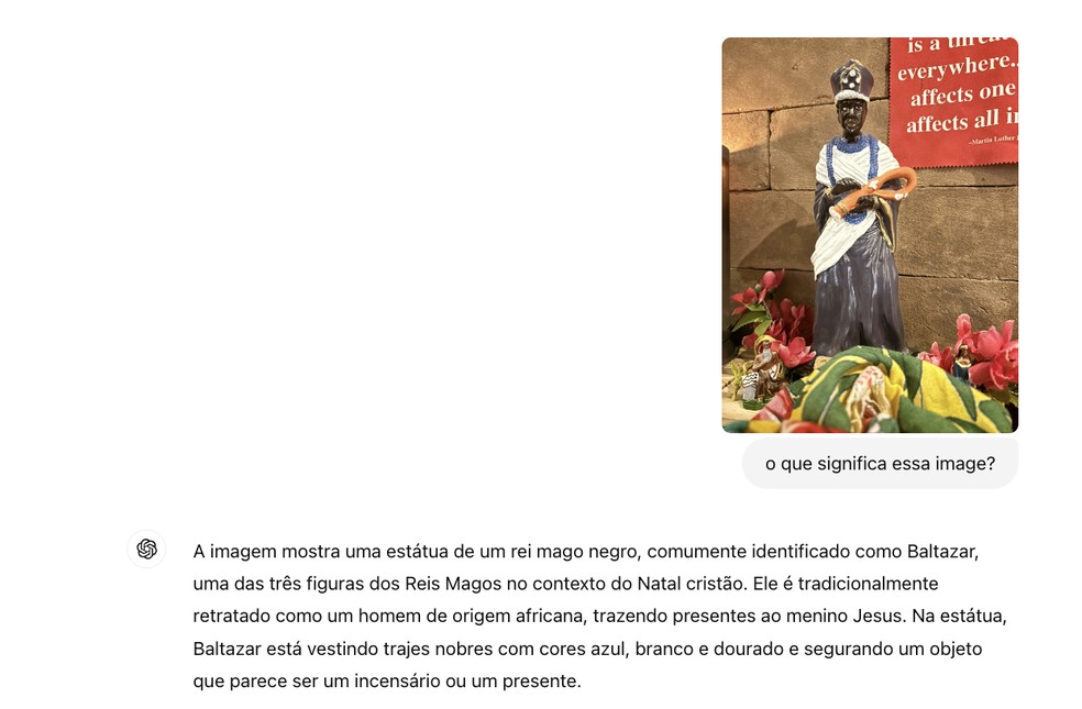 O ChatGPT também não identificou a imagem do orixá e disse se tratar de Baltazar, uma das três figuras dos Reis Magos — Foto: Juliana Causin/O Globo