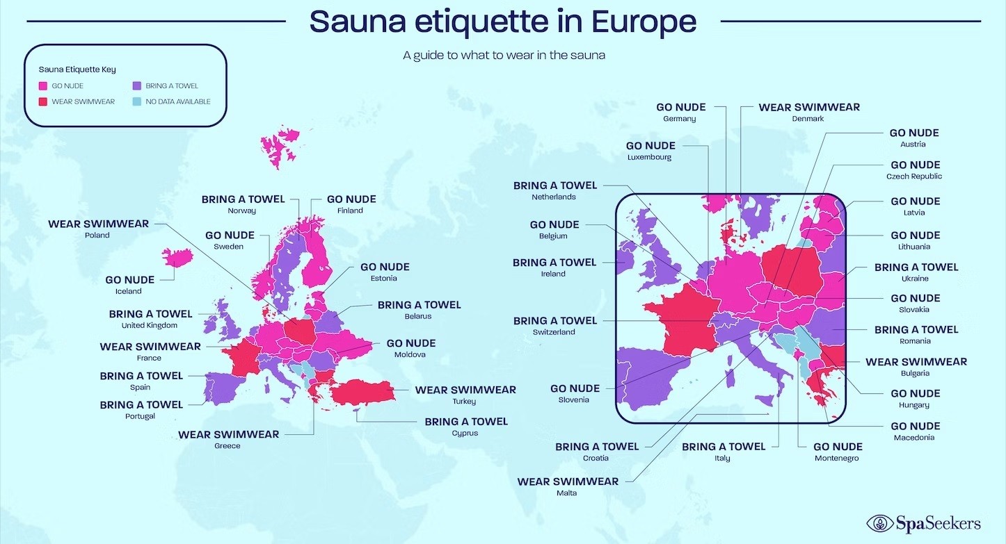 Mapa do SpaSeekers.com mostra a etiqueta para a sauna na Europa — Foto: Reprodução / SpaSeekers.com