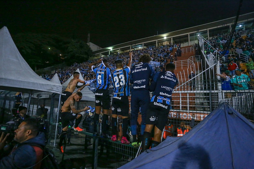 Jogadores do Grêmio comemoram classificação sobre o Palmeiras, na Libertadores-2019, em pleno Pacaembu — Foto: LUCAS UEBEL/GREMIO