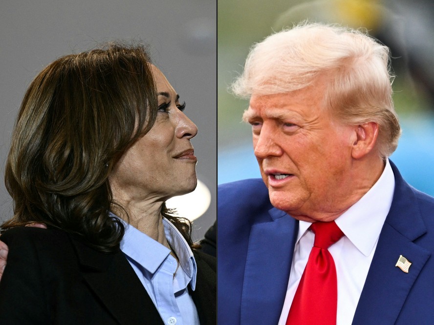 Vice-presidente dos EUA, Kamala Harris, em montagem com o ex-presidente Donald Trump