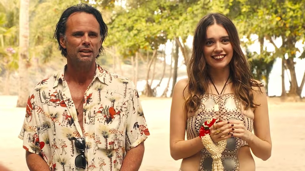 Walton Goggins e Aimee Lou Wood na terceira temporada de'The White Lotus' — Foto: Divulgação
