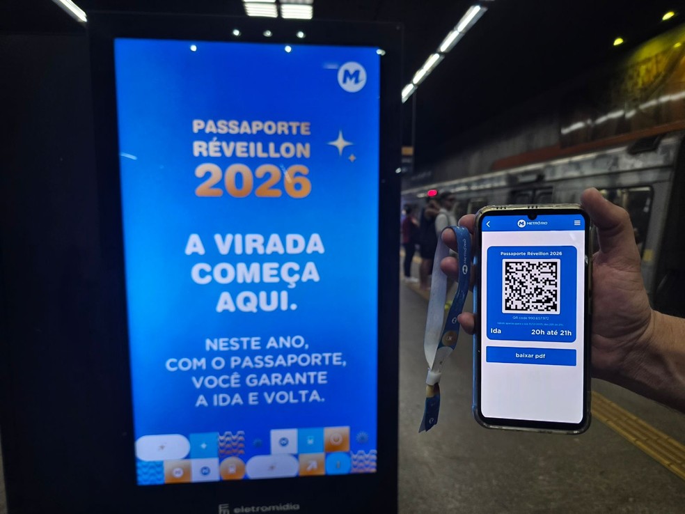 O passaporte do réveillon 2026 do metrô é composto por QR code para a ida e pulseira obrigatória para a volta — Foto: Divulgação MetrôRio