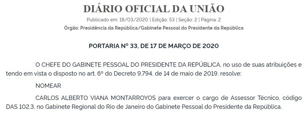 Portaria da nomeação de Carlos Alberto Viana — Foto: Reprodução