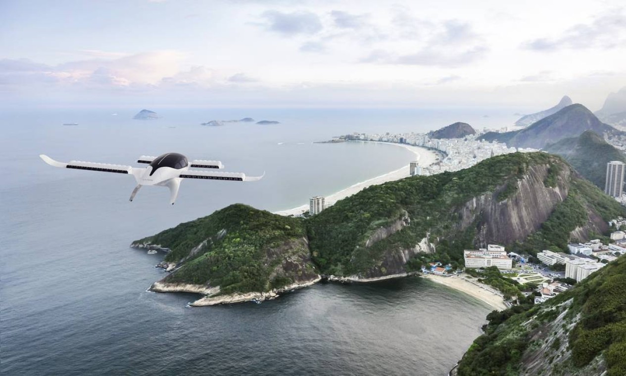 Simulação de voo do modelo de eVTOL da alemã Lilium, que a Azul quer trazer ao Brasil a partir de 2025 para trajetos curtos, como Rio-Búzios ou São Paulo-Guarujá  — Foto: Reprodução / Divulgação