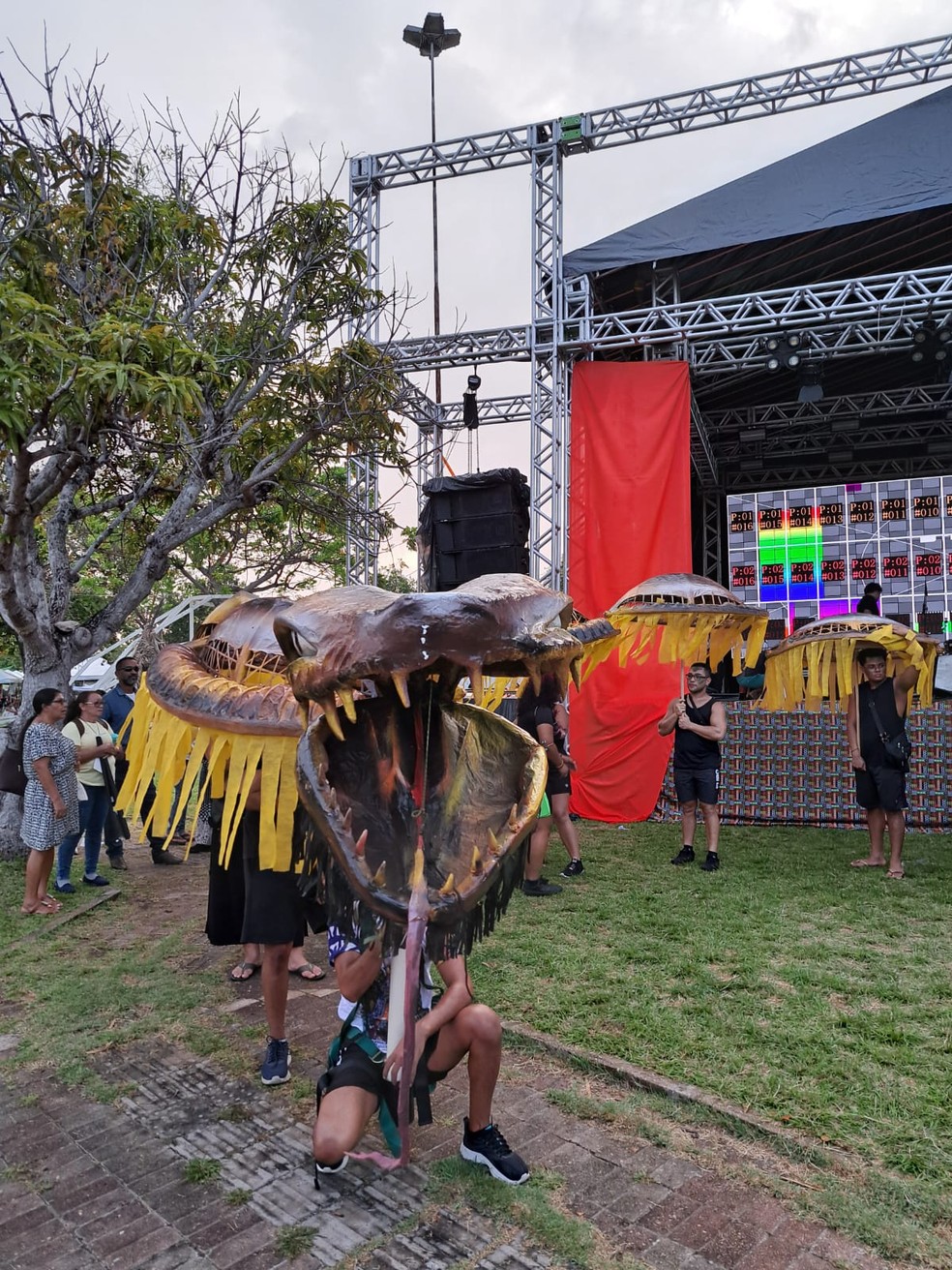 Representação da Boiúna, a cobra gigante dos fundos do rio da lenda amazônica — Foto: Lucas Altino