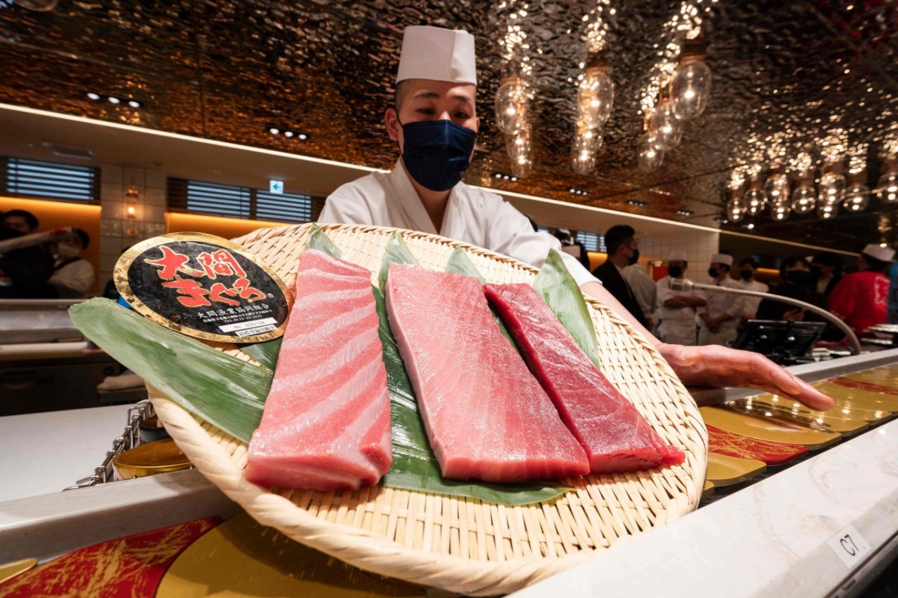 Um chef de sushi exibe o peixe recém-cortado de mais de R$ 1,4 milhão — Foto: Richard Brooks/AFP