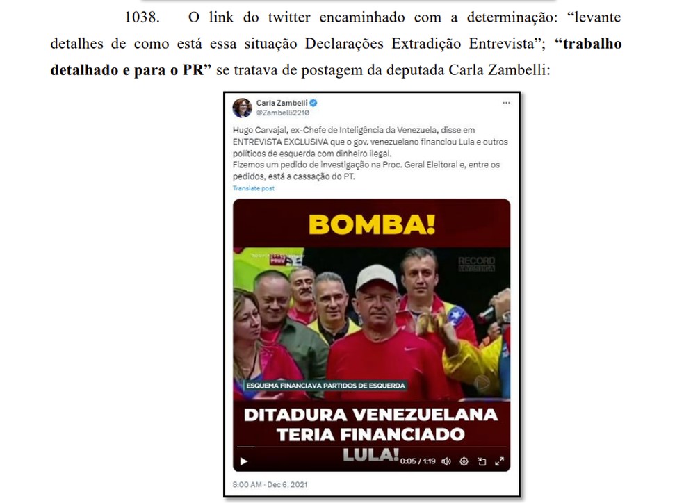 Trecho de relatório da PF mostra postagem de Zambelli — Foto: Reprodução