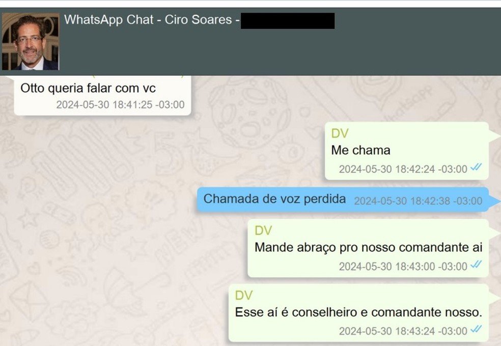 Conversa entre Ciro Sores e Daniel Vorcaro citando Otto Alencar — Foto: Reprodução