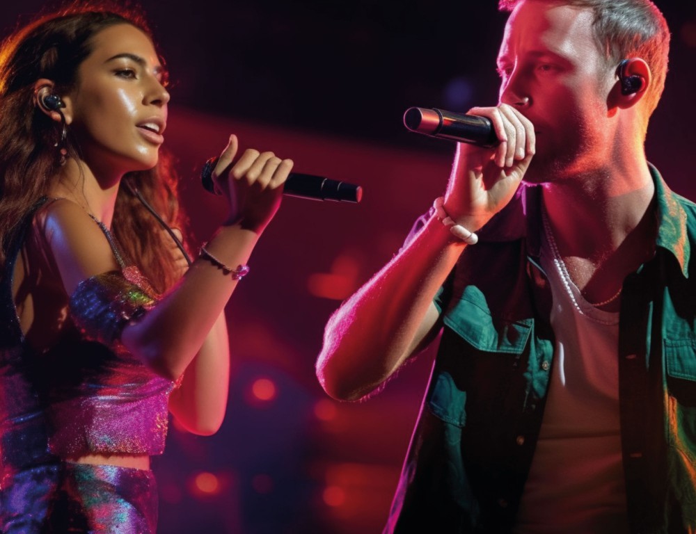 Dueto inusitado: Produção exibe a cantora brasileira Anitta cantando com o líder do Coldplay, Crhis Martin, dançando e cantando no palco, com luz de neon — Foto: Imagem gerada por IA/Midjourney