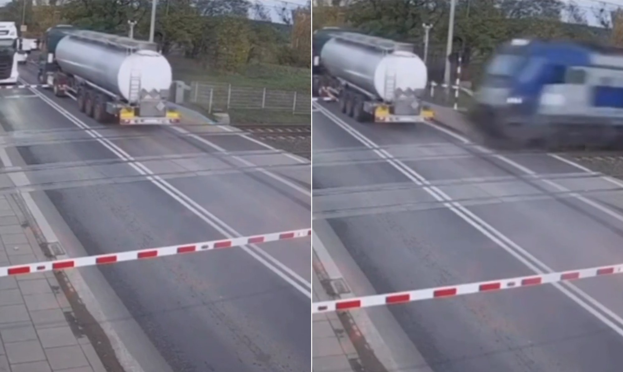 Caminhão-tanque fica preso em trilhos na Polônia e escapa de trem por segundos; vídeo