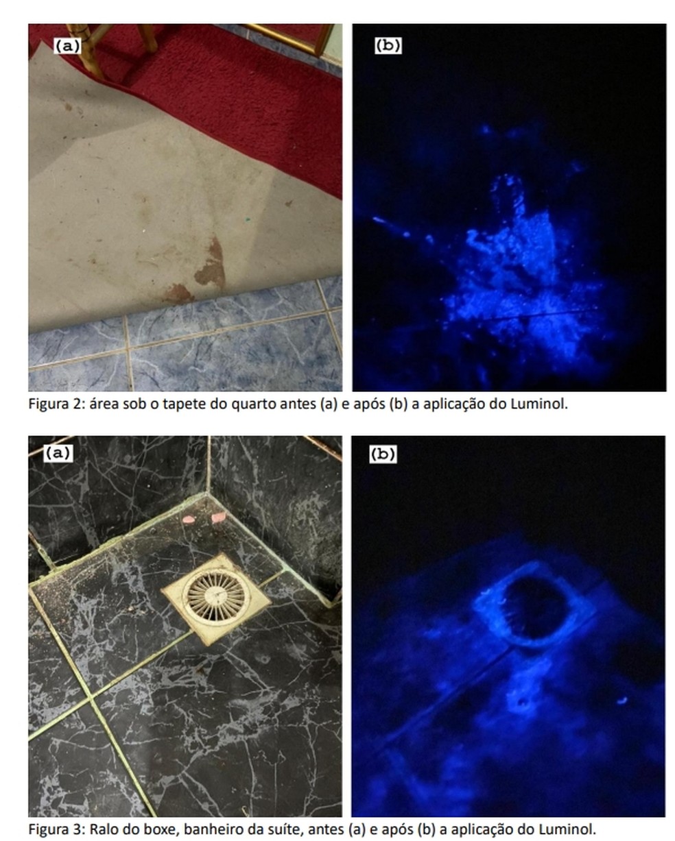 Fotos do caso de feminicídio. Manchas de sangue foram reveladas pelo luminol na casa do criminoso — Foto: Reprodução