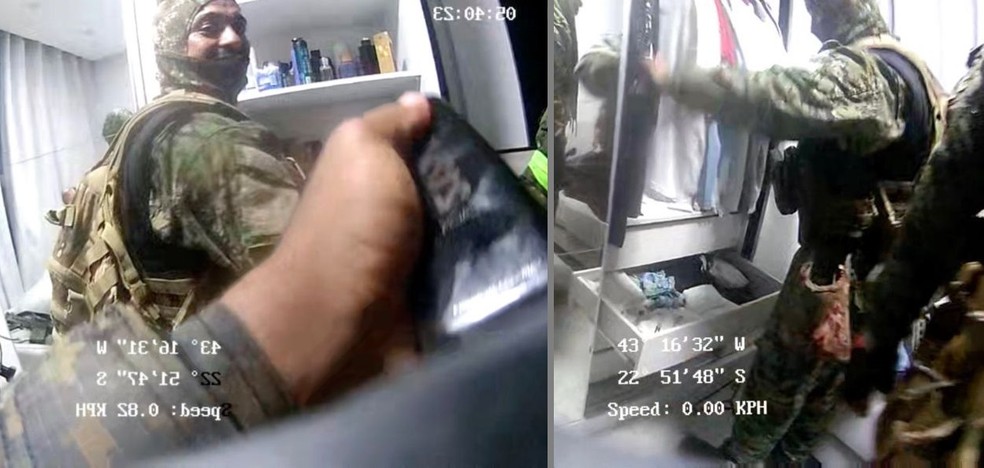 PMs do Bope escolhem roupas e perfumes em casa no Complexo do Alemão — Foto: Reprodução