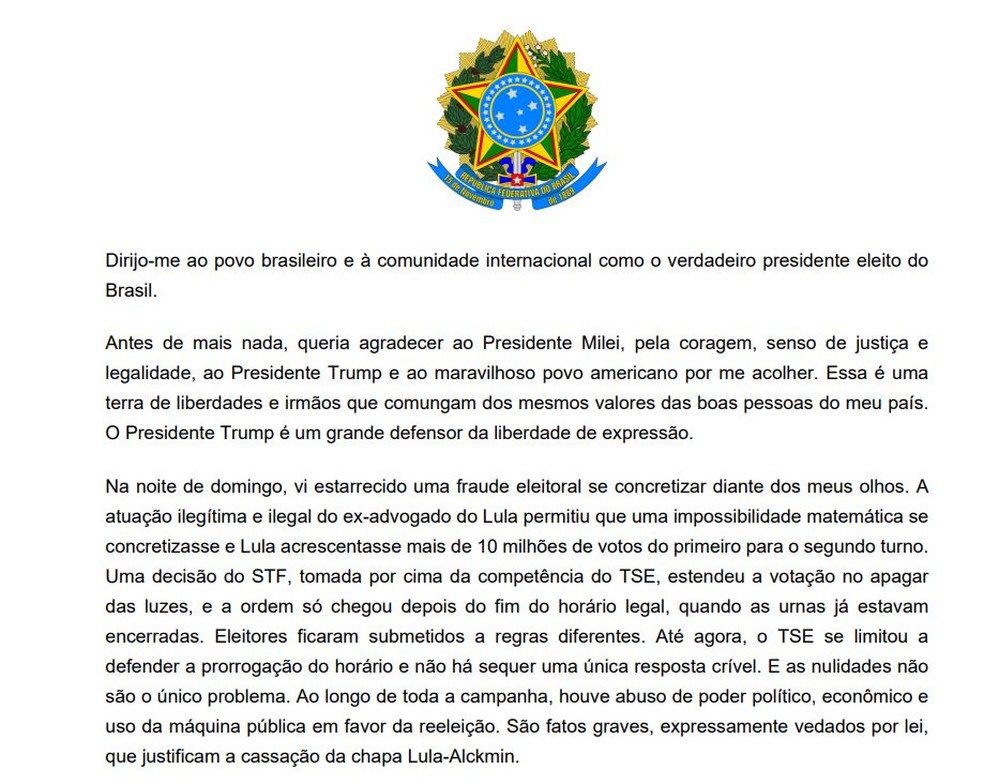 Primeira vers&atilde;o da carta assinada por Fl&aacute;vio Bolsonaro &mdash; Foto: Reprodu&ccedil;&atilde;o