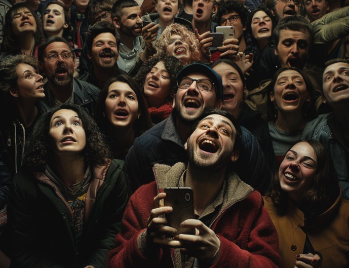 O que foi informado ao sistema: imagem hiper-realista retrata um homem tirando uma selfie com os amigos em um cinema lotado. As pessoas assistem a uma comédia e riem muito — Foto: Imagem gerada por Midjourney