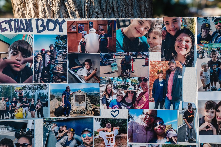 Uma colagem de fotos de família de Ethan Dallas, 15 anos, que era autista e um ávido jogador do jogo “metaverso” Roblox desde os 7 anos, antes de seu suicídio, em 22 de julho de 2025